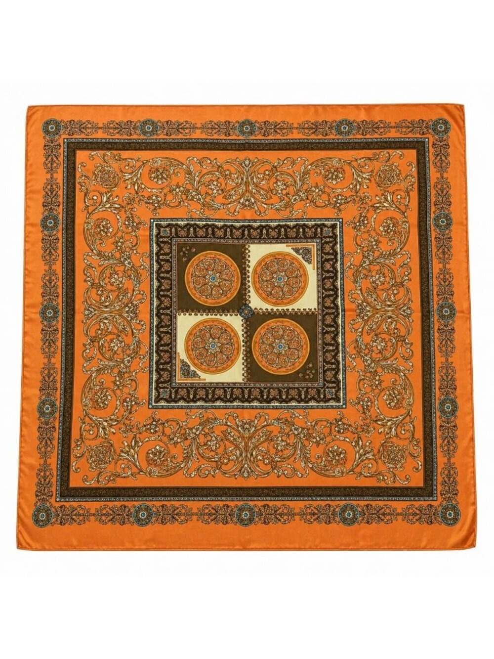 Luxury Square Satin Scarf With Ornate Floral Motif - Orange & Gold Border Design